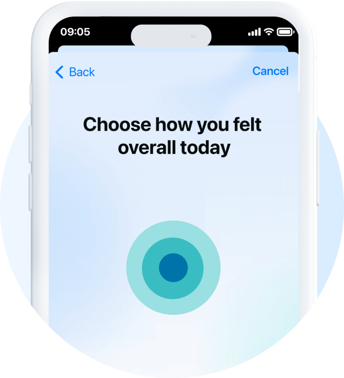 A phone mockup within a circular frame.