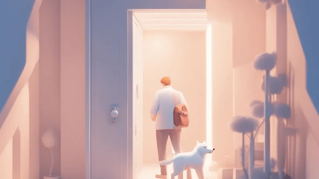 An illustration shows a person with a backpack leaving a home, accompanied by a white dog, highlighting a serene and orderly environment.