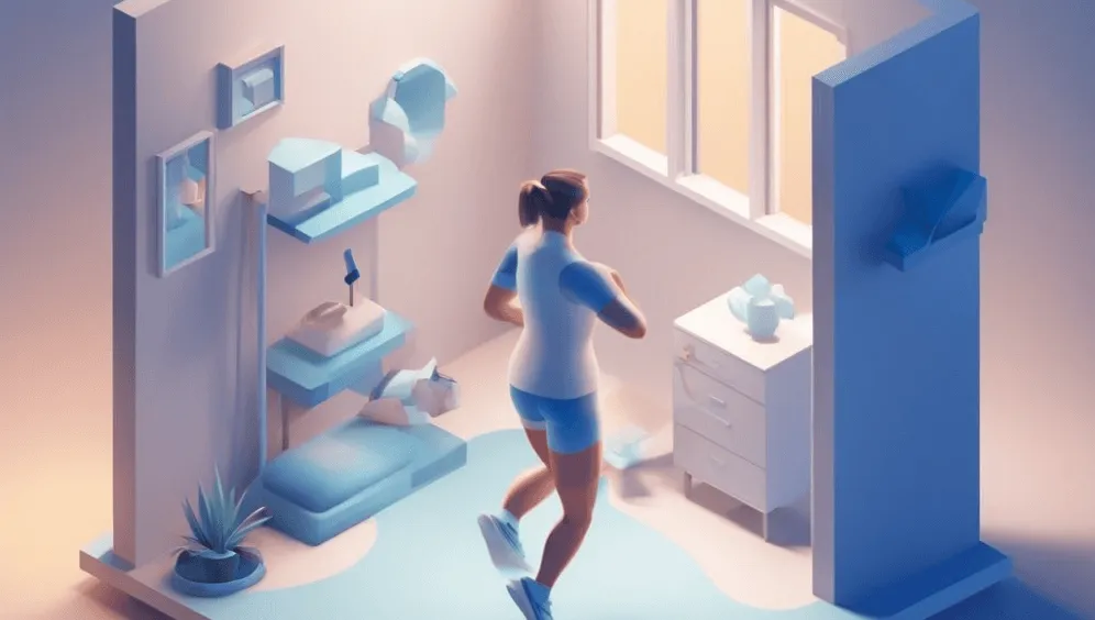 A stylized image of a person jogging in place inside a room filled with minimalist furniture and decor, with sunlight streaming through a window.