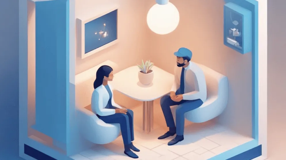 A stylized illustration of two people sitting across from each other in a cozy corner, having a conversation over a small table with a potted plant.